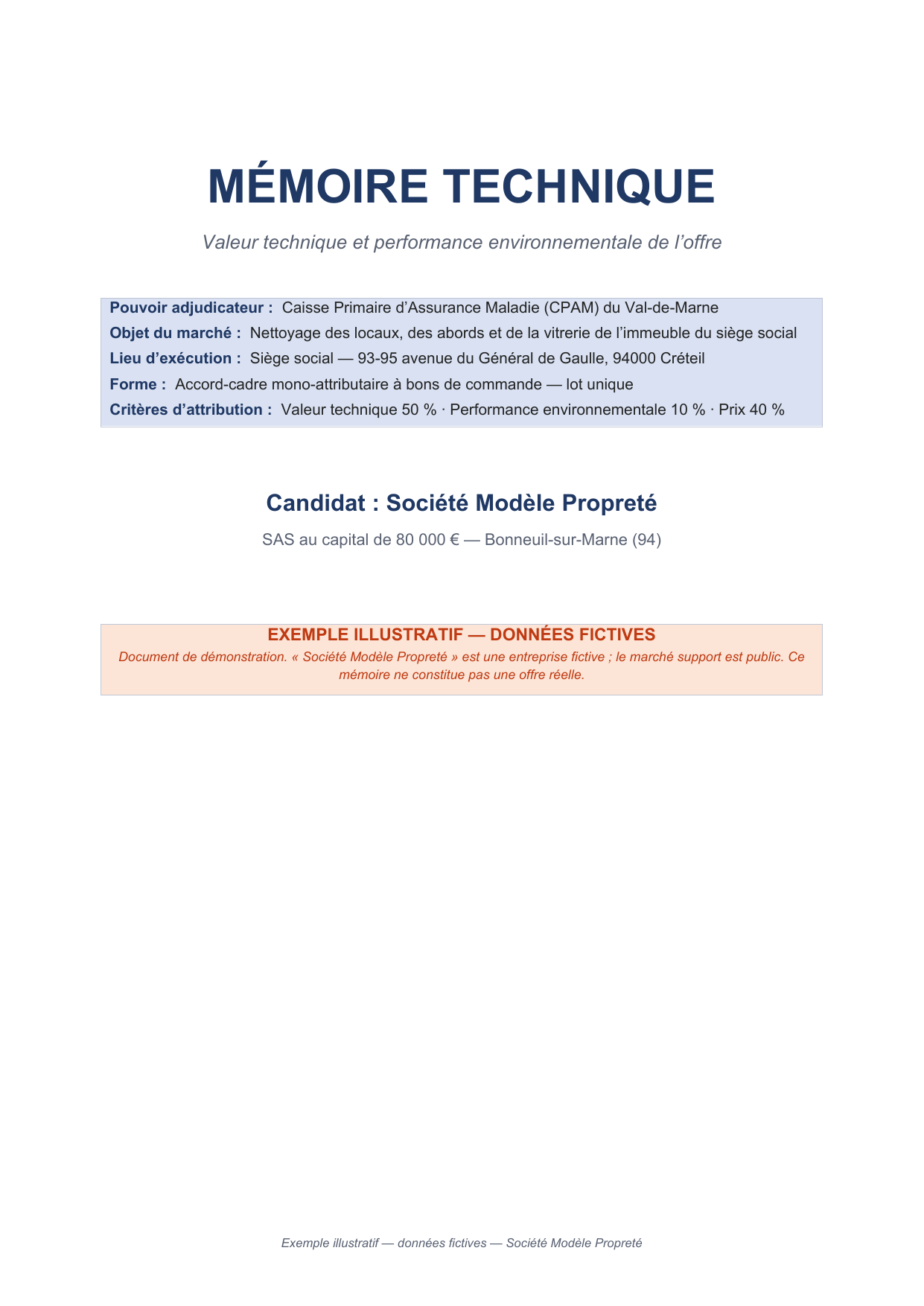 Première page du mémoire technique exemple